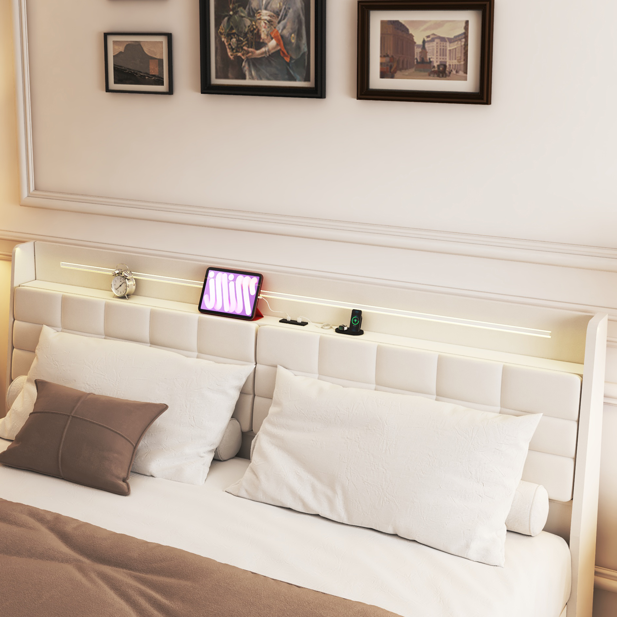 King Floating Bed Frame with LED Light and Charging Station