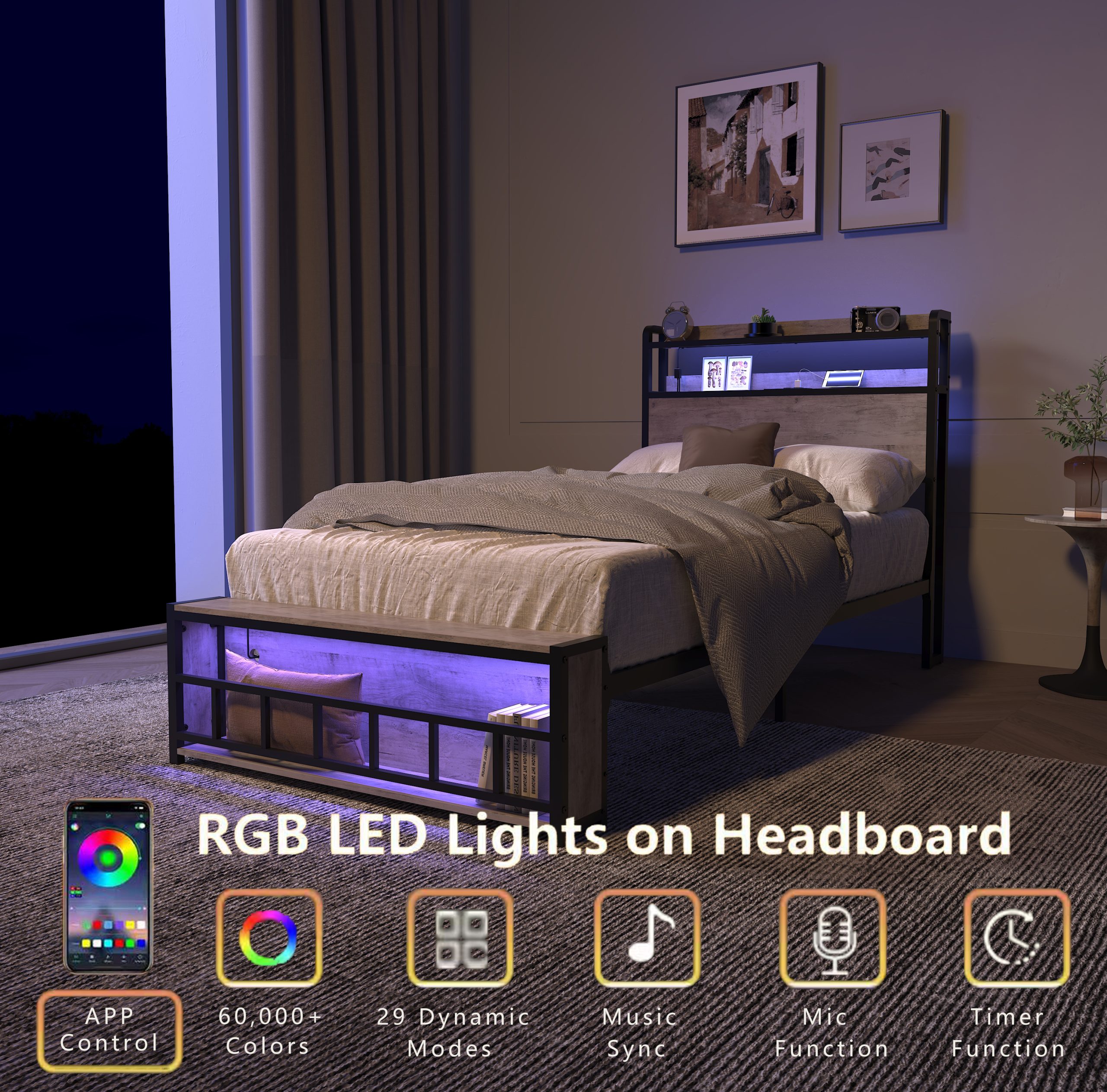 Twin Bed Frames with Charging Station and LED Light