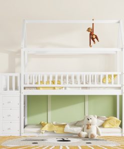Twin over Twin House Bunk Bed With Shelves and Drawers