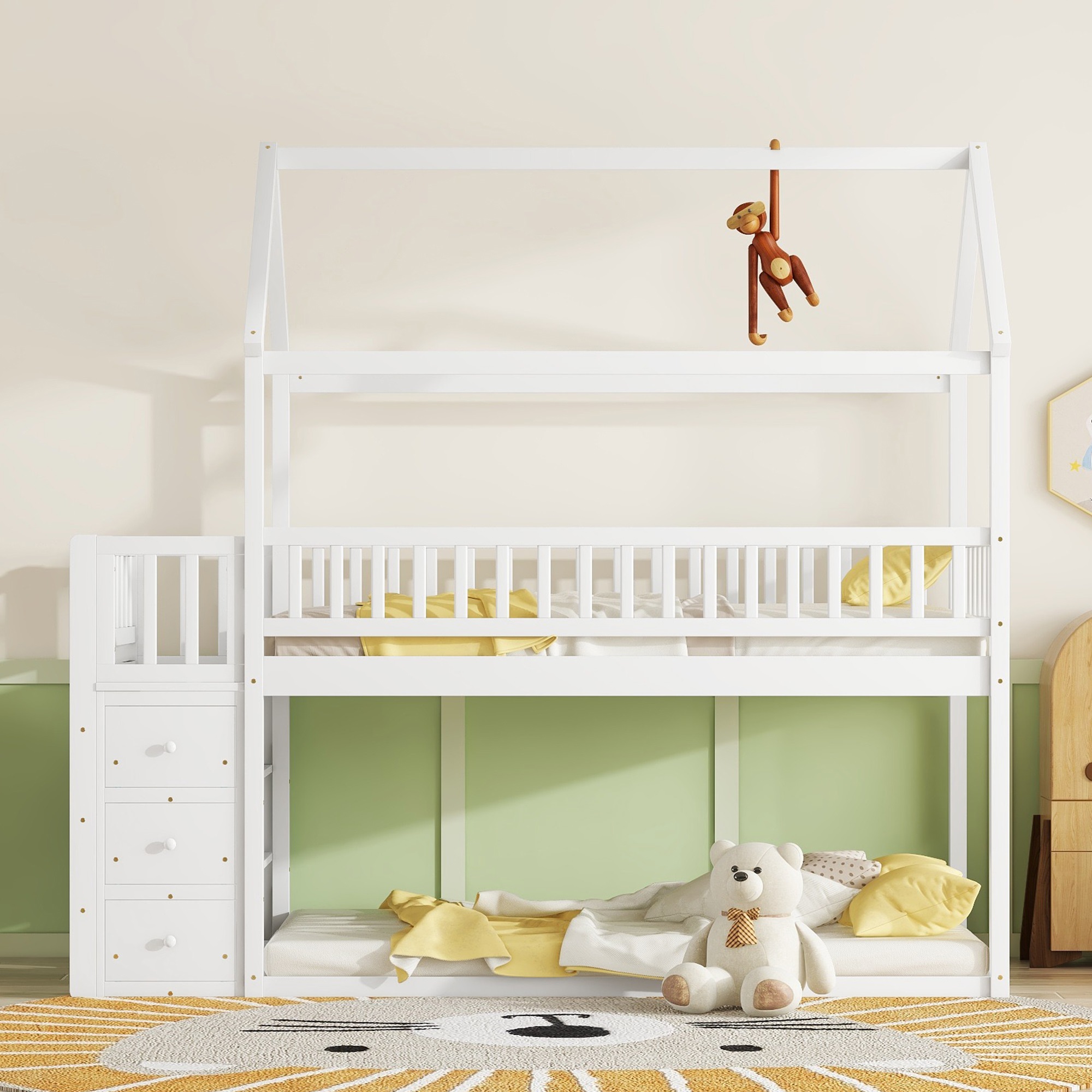 Twin over Twin House Bunk Bed With Shelves and Drawers