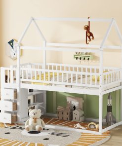 Twin over Twin House Bunk Bed With Shelves and Drawers