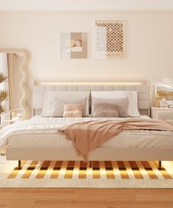 King Floating Bed Frame with LED Light and Charging Station