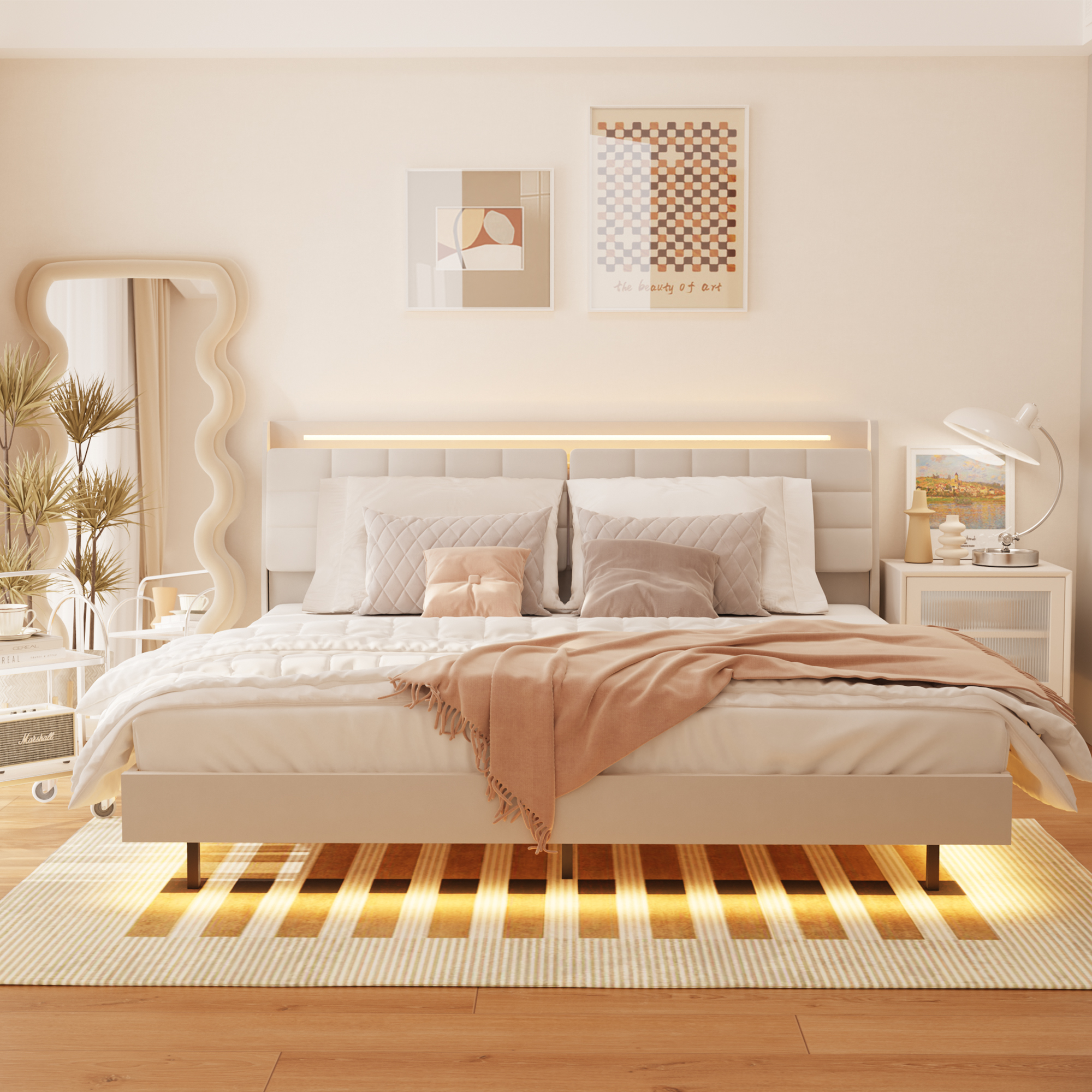 King Floating Bed Frame with LED Light and Charging Station