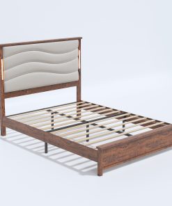 Wood Queen Size Bed Frame with Upholstered Headboard