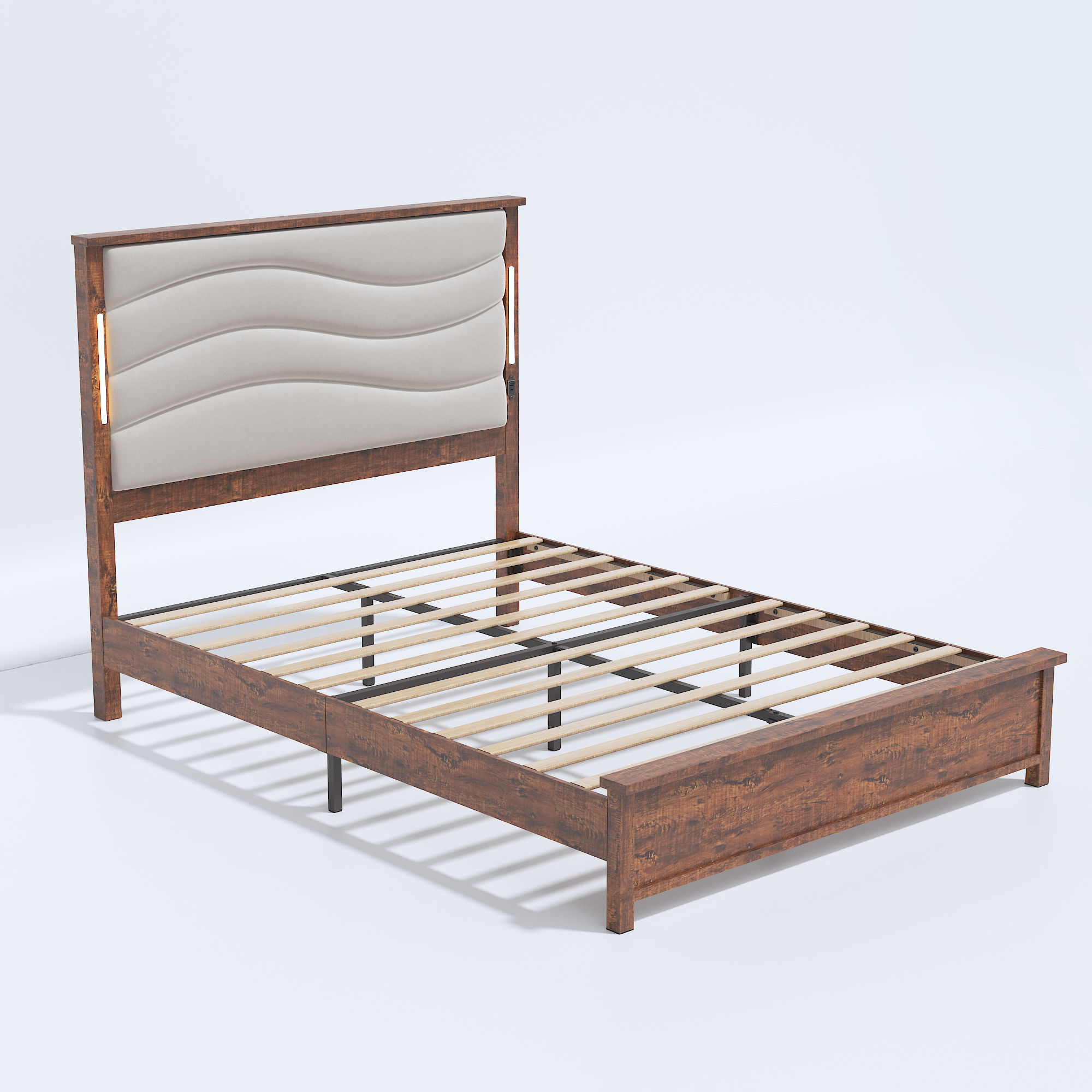 Wood Queen Size Bed Frame with Upholstered Headboard