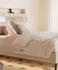 King Floating Bed Frame with LED Light and Charging Station