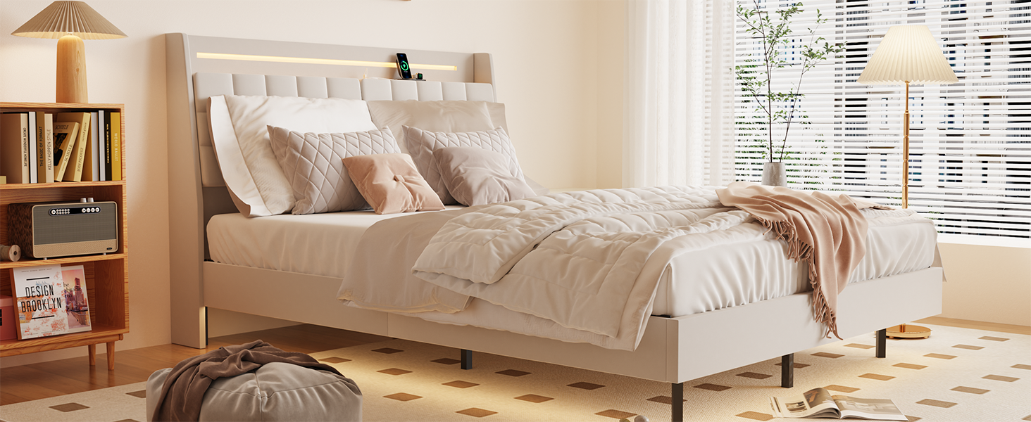 King Floating Bed Frame with LED Light and Charging Station