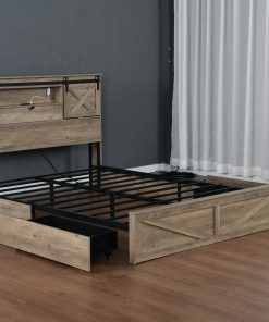 King Size Farmhouse Bed With LED Lights And Charging Station