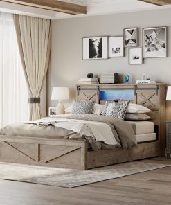 Queen Size Bed Frame With LED Lights And Charging Station