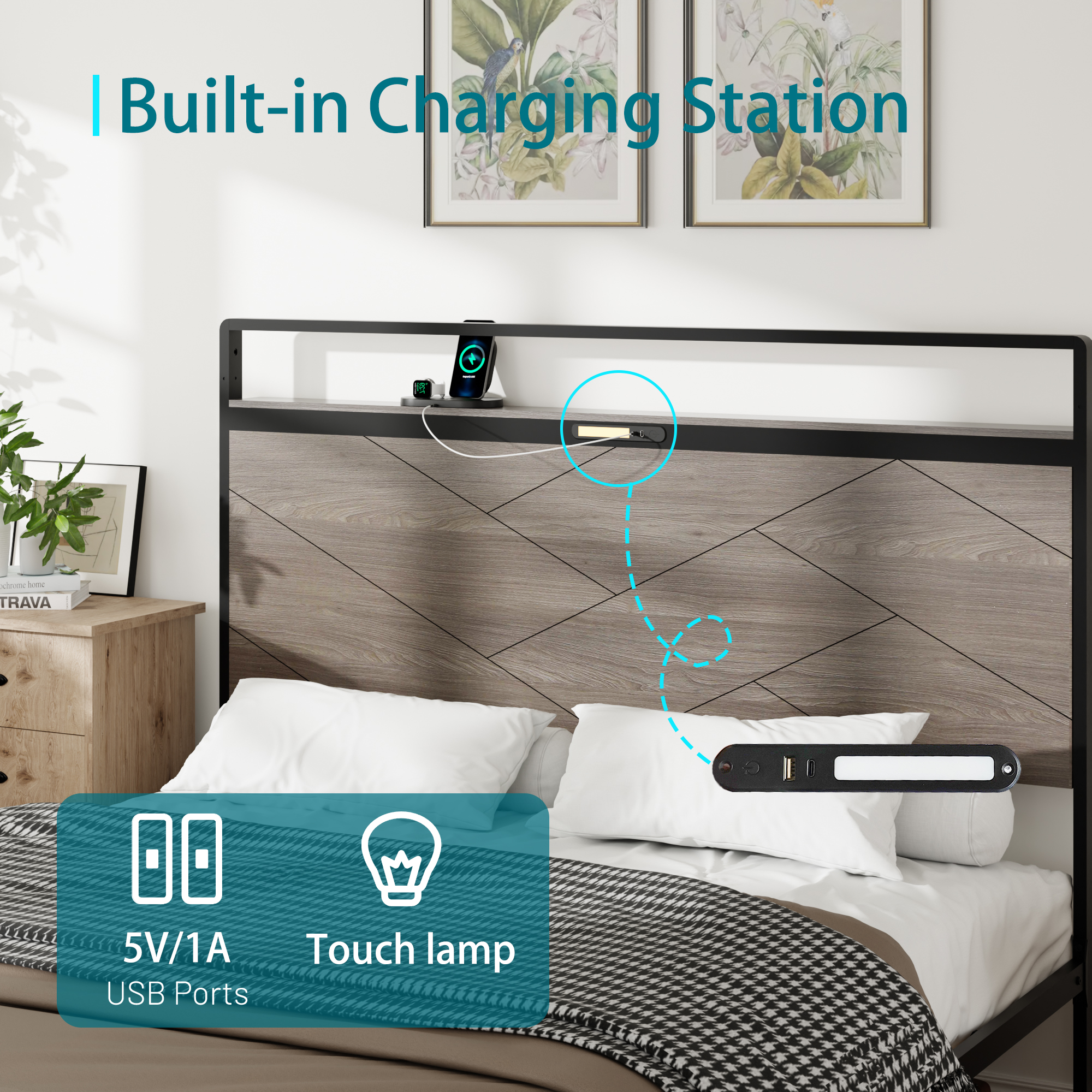 Wooden Platform Bed Frame With Storage LED Light Headboard And USB