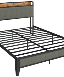 Full Size Bed Frame with Charging Station, Upholstered Headboard