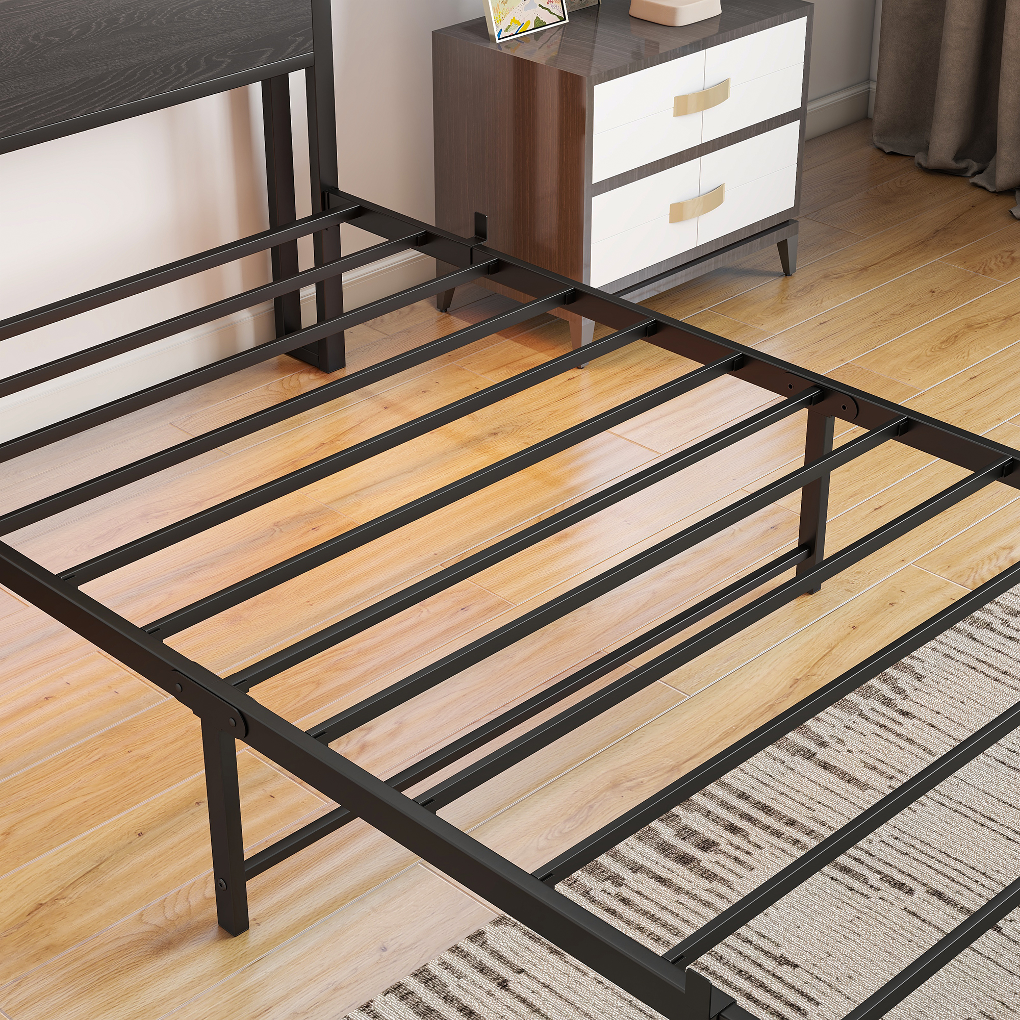 Metal Twin Size Bed Frame With Storage Headboard