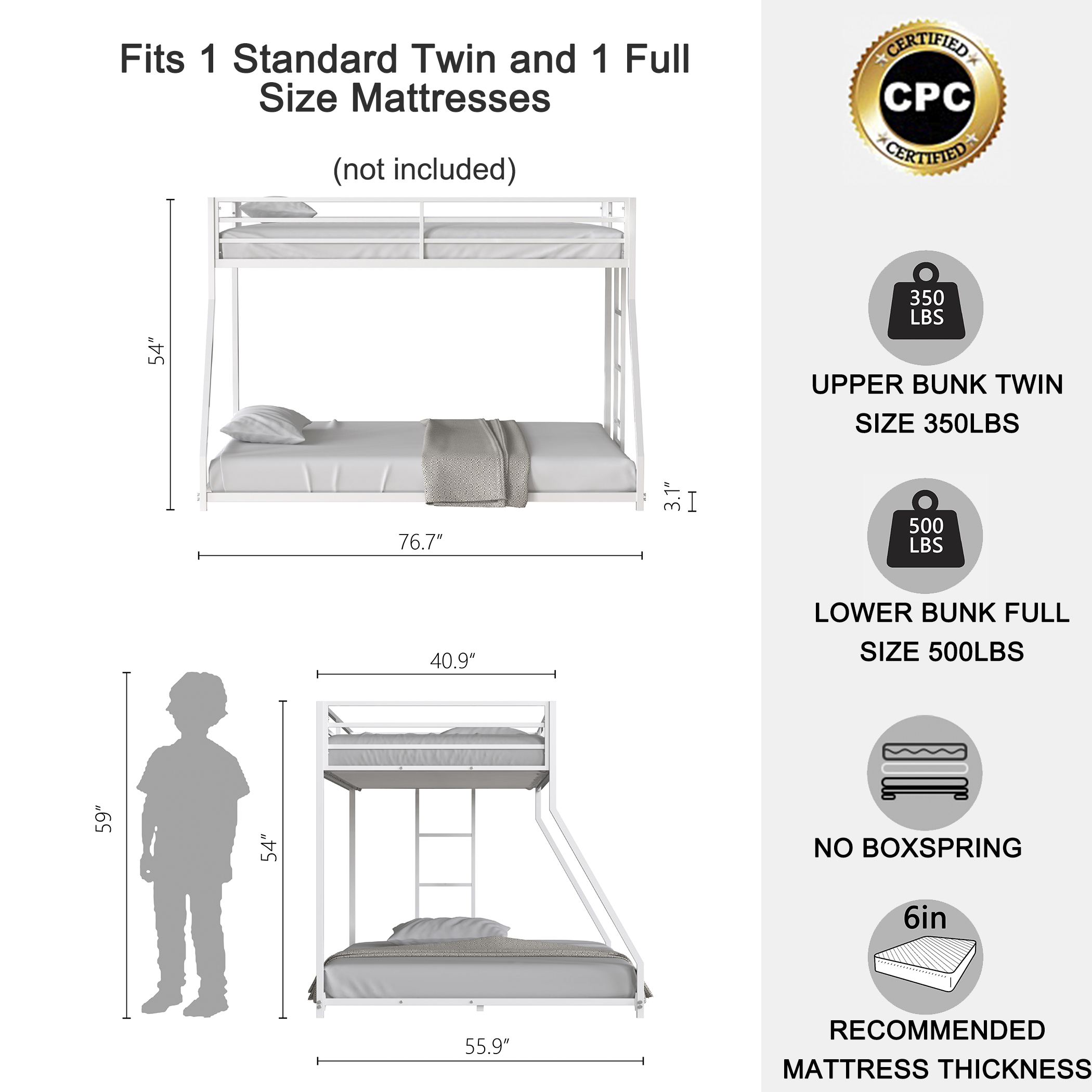 White Twin Over Full Bunk Bed For Kids And Adult