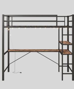 Twin Size Loft Bed with L Shaped Desk and Shelves