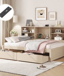 Twin Size Bed Frame With Side Bookshelves, Two Drawers, and Built-in USB Port