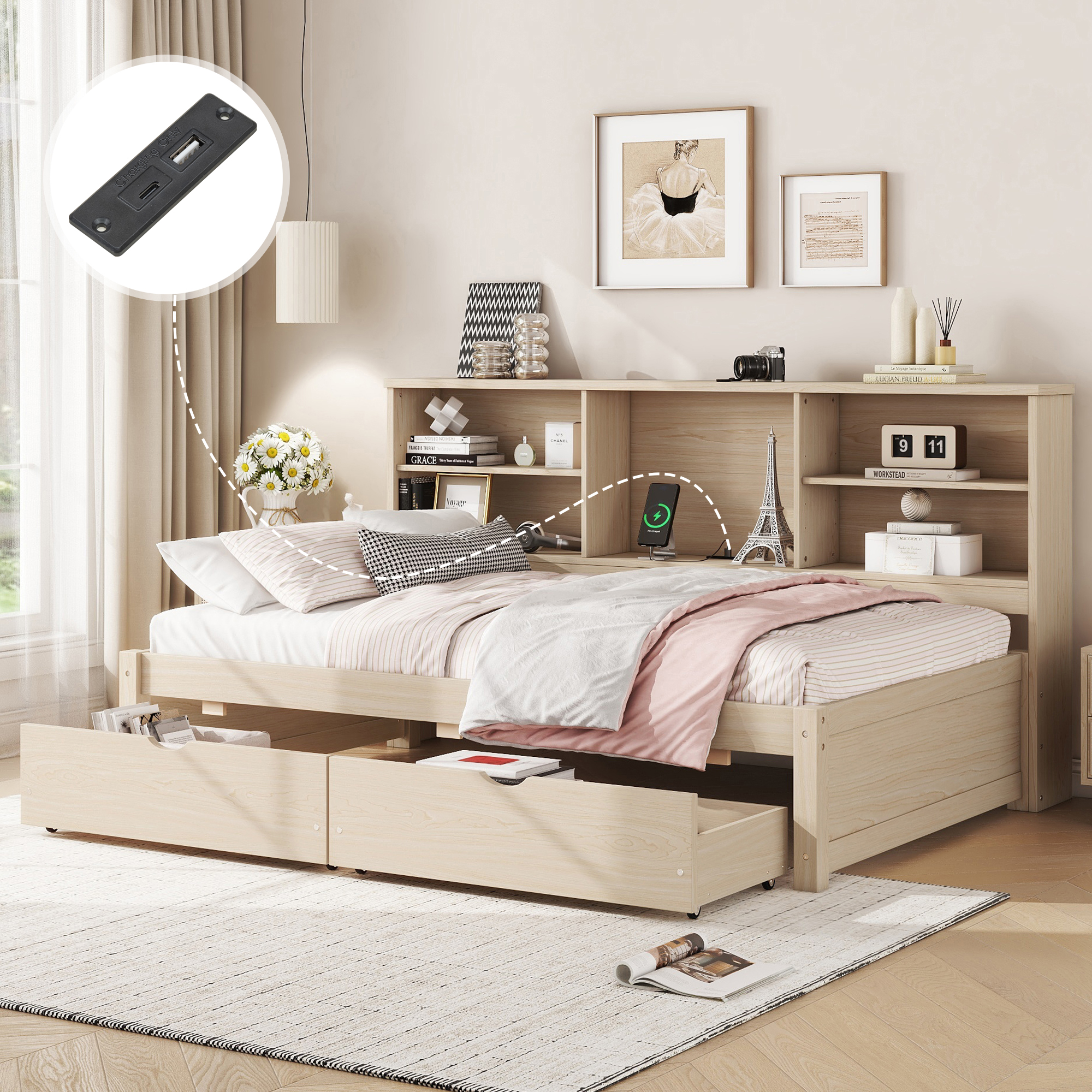 Twin Size Bed Frame With Side Bookshelves, Two Drawers, and Built-in USB Port
