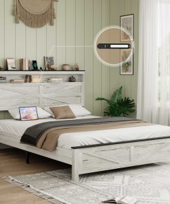 Queen Size Bed Frame Headboard With LED Lights And Charging Station