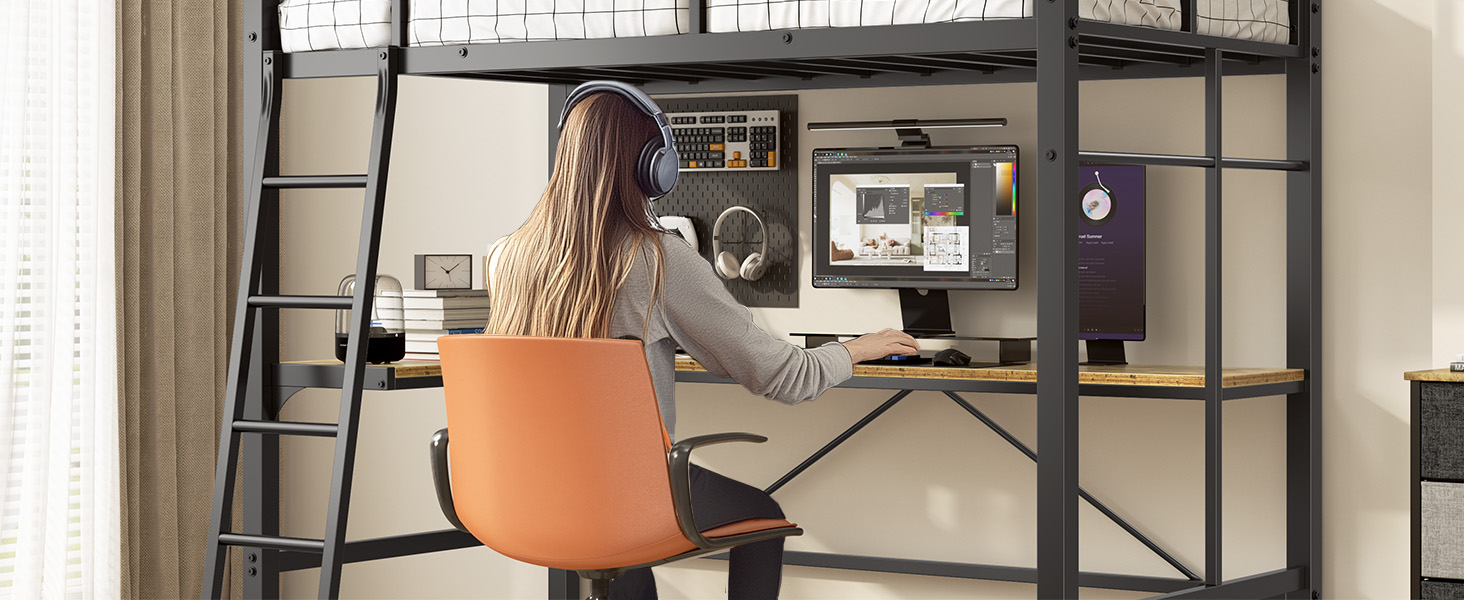 Twin Metal Loft Bed with L-Shaped Desk