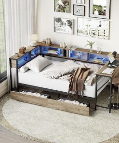 Full Size Corner Bed Frame With Bookcase And 2 Drawers