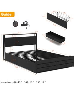 Queen Size Bed Frame with 8 Storage Drawers, LED Headboard