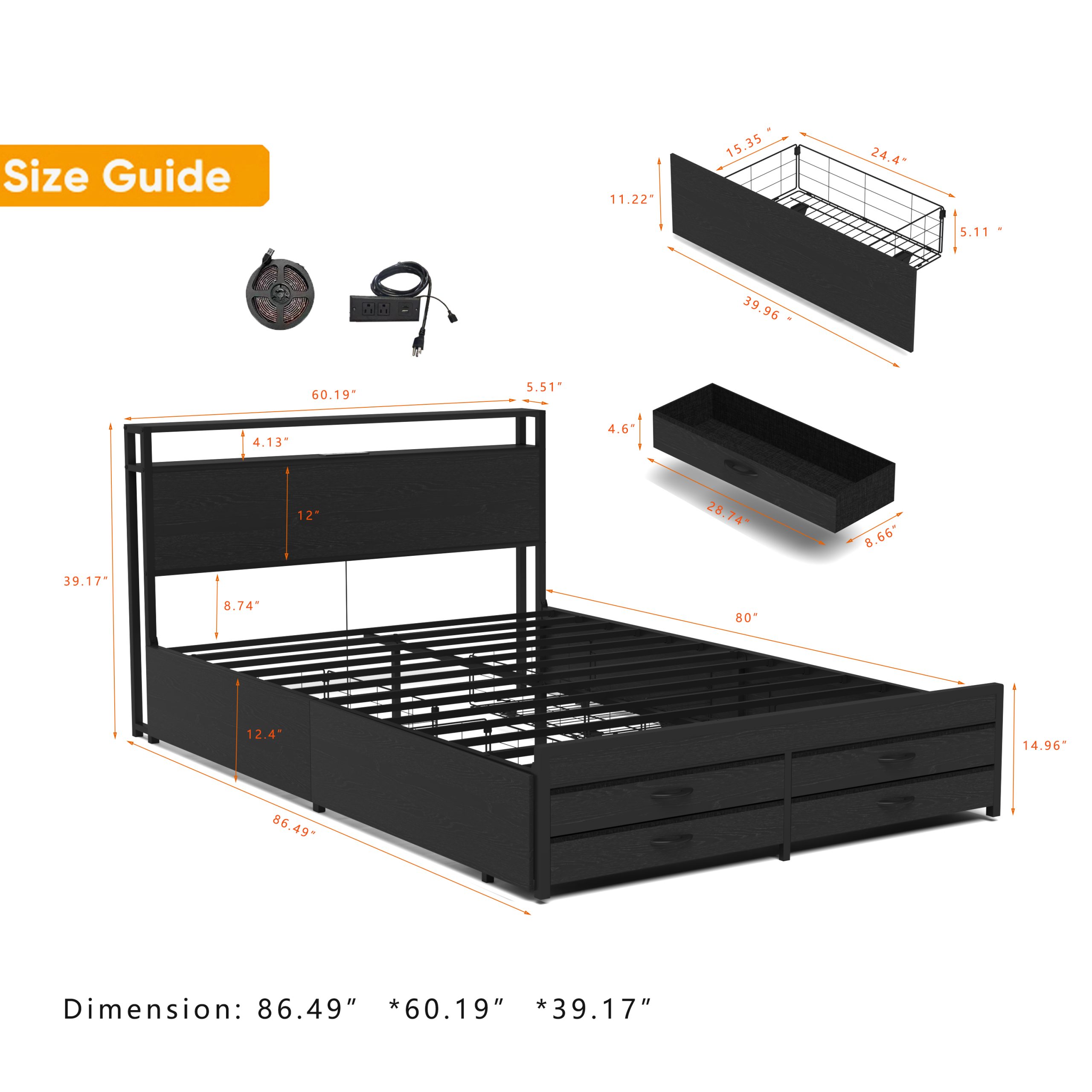 Queen Size Bed Frame with 8 Storage Drawers, LED Headboard