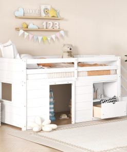 Solid Wood Twin Size Low Loft Bed With Stair, Drawer, and Shelf