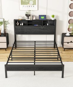 Full Size Bed Frame with Storage Headboard