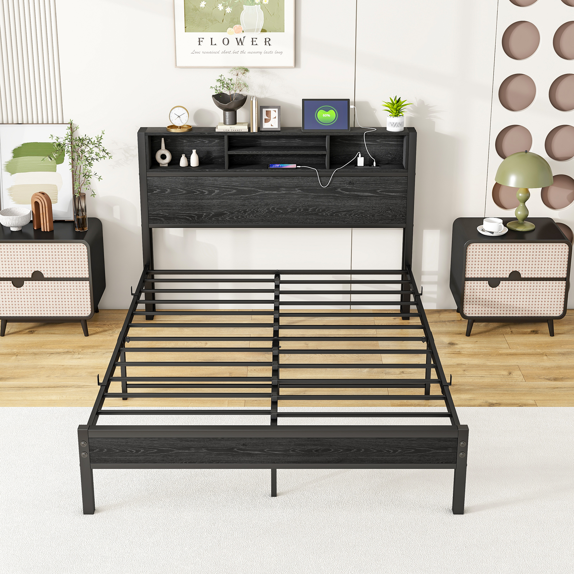 Full Size Bed Frame with Storage Headboard