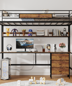 Twin Size Loft Bed With L-shaped Desk, Charging Station