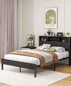 Full Size Bed Frame with Storage Headboard