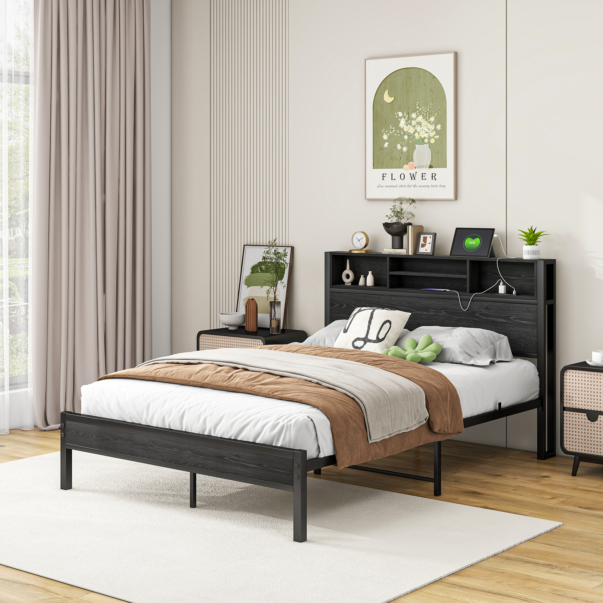 Full Size Bed Frame with Storage Headboard