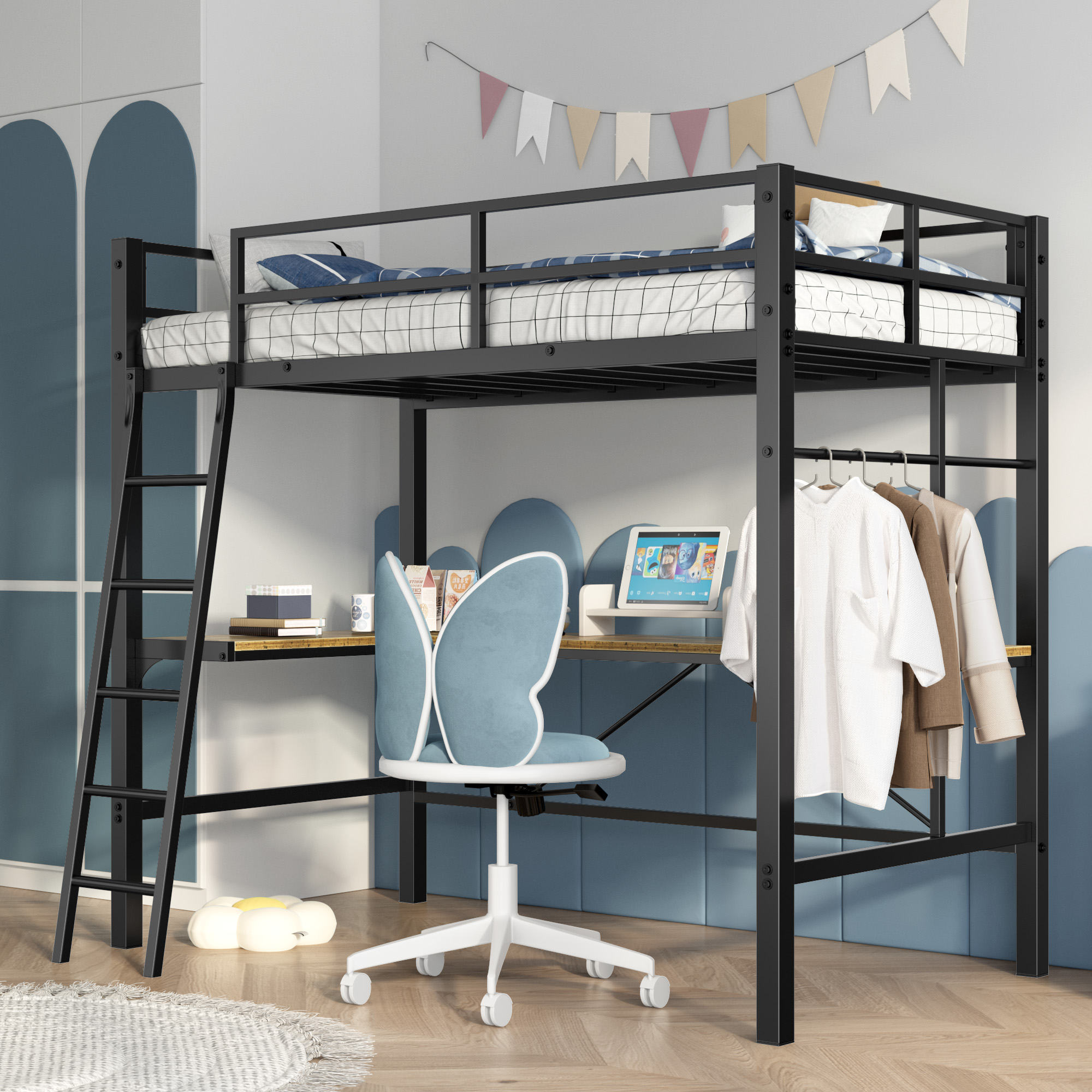 Twin Metal Loft Bed with L-Shaped Desk