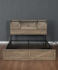 King Size Farmhouse Bed With LED Lights And Charging Station