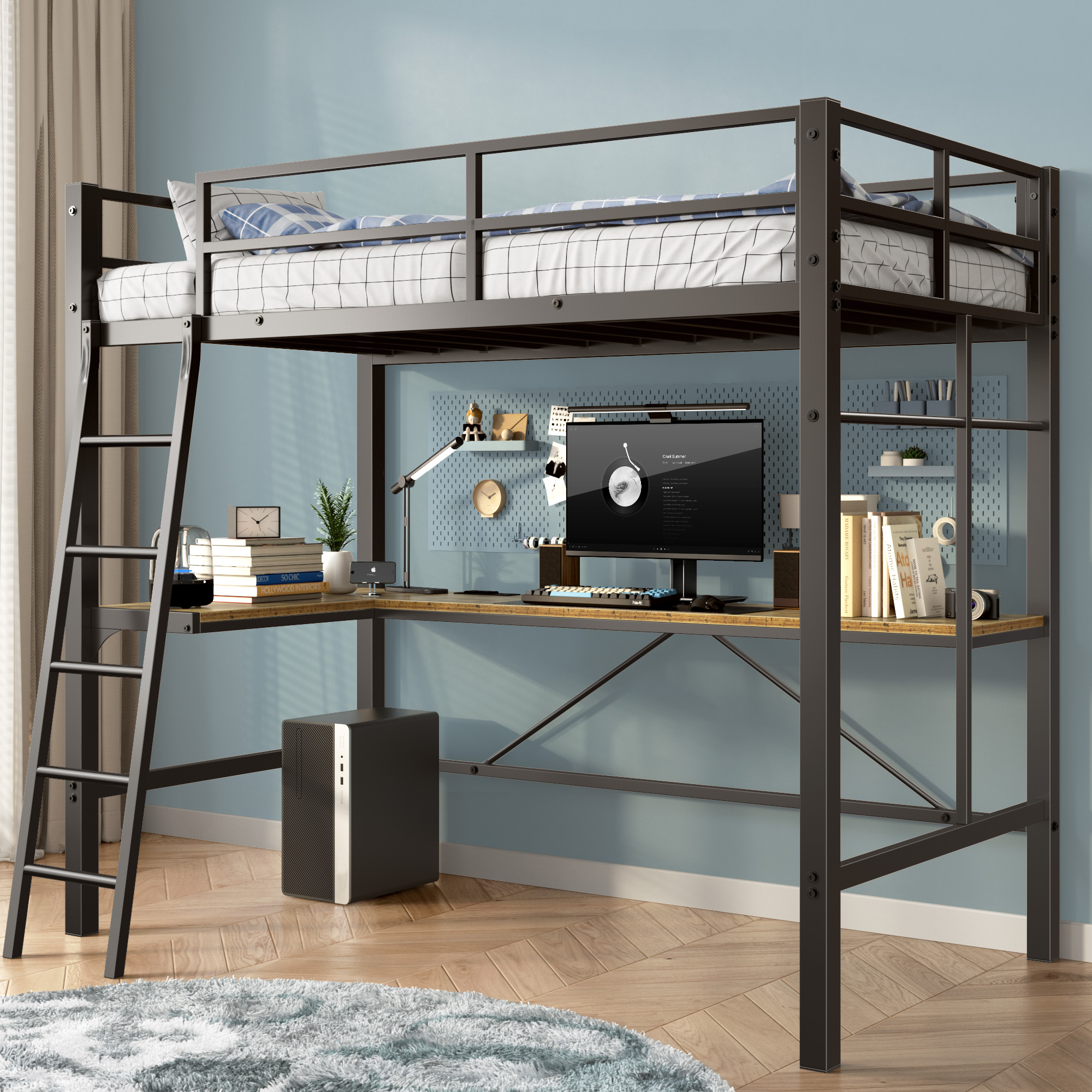 Twin Metal Loft Bed with L-Shaped Desk