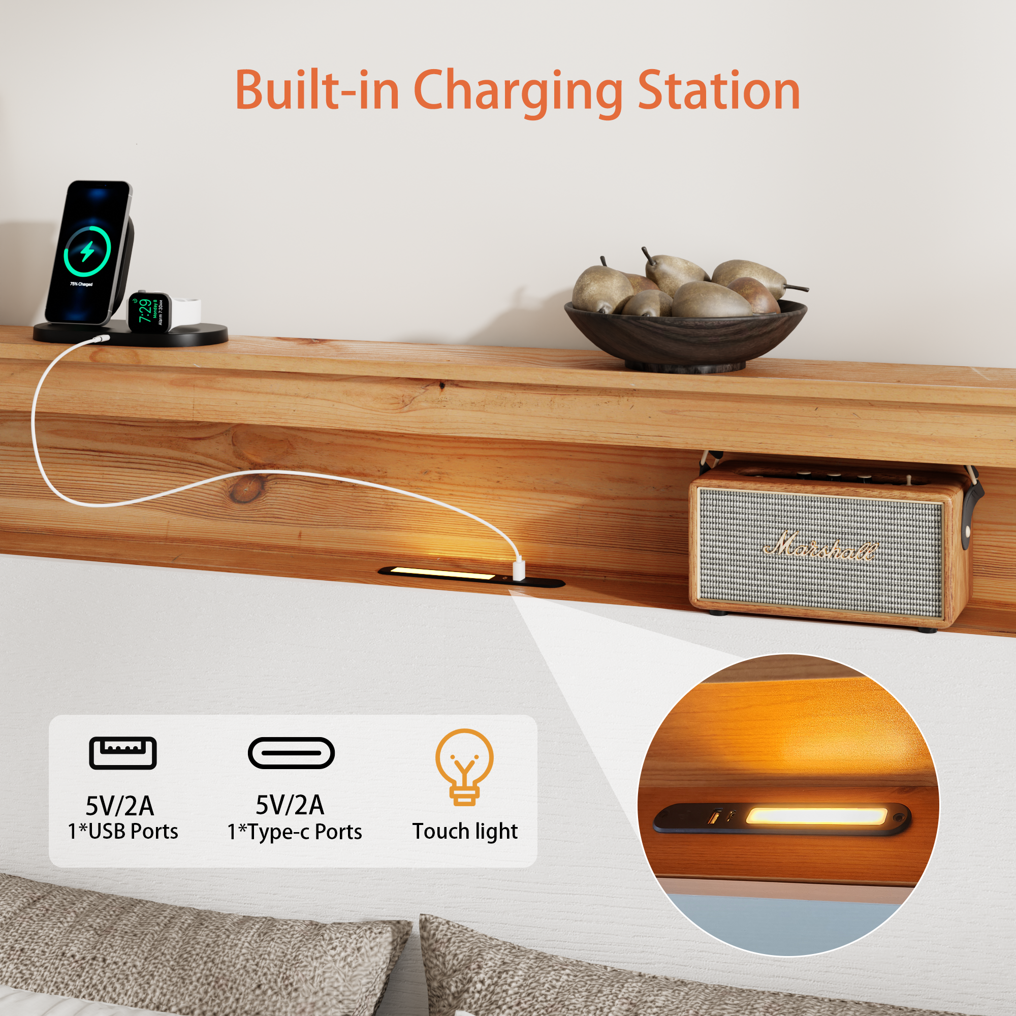 Full Wooden Bed Stand With Charging Station Storage Headboard