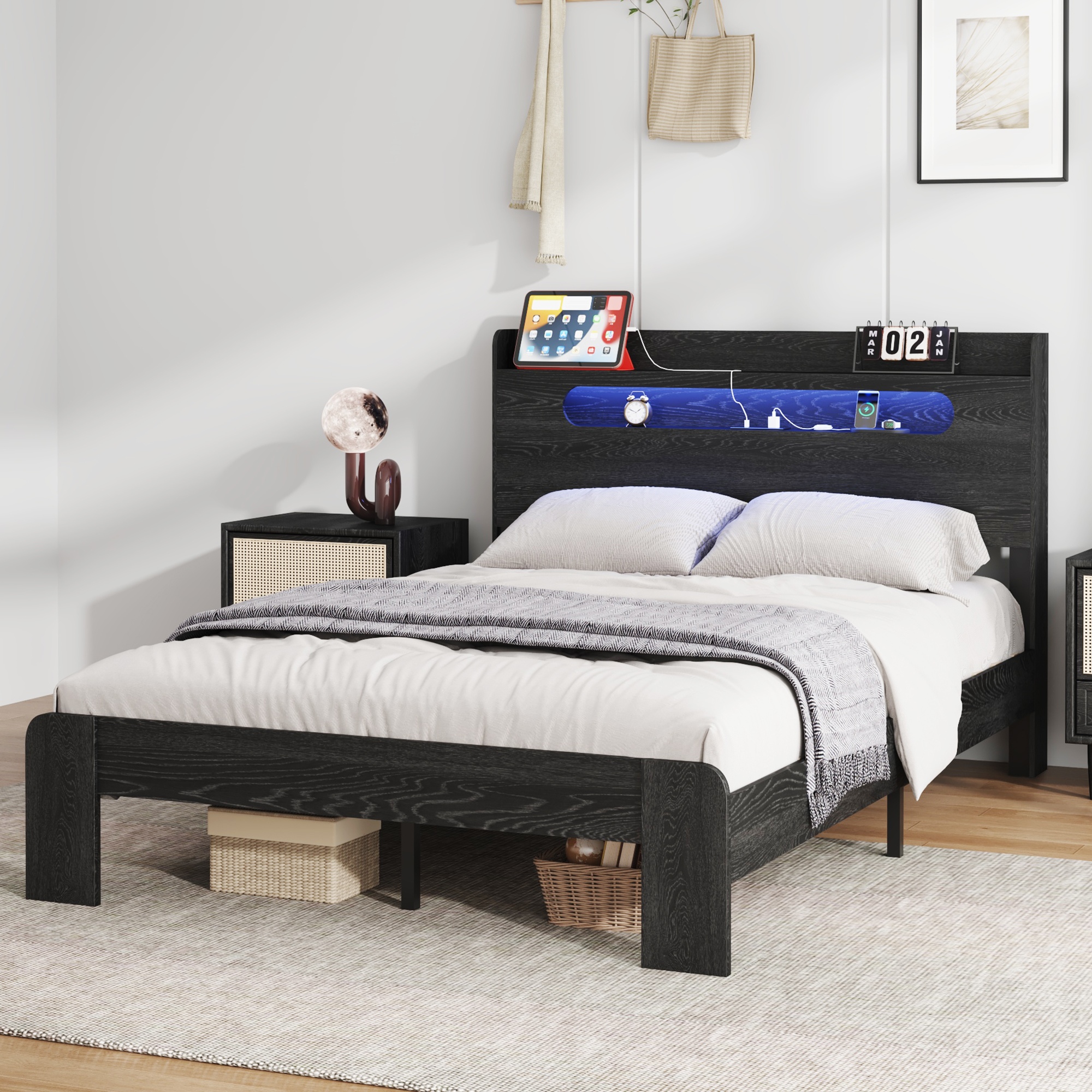 King Size Wood Bed Frame with Storage LED Light Headboard