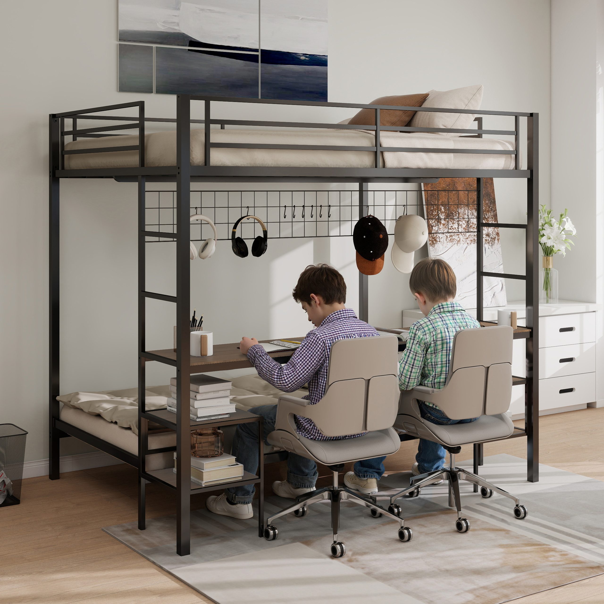 Ethan Full Over Twin Bunk Bed with Desk, Charging Station and Storage Shelves