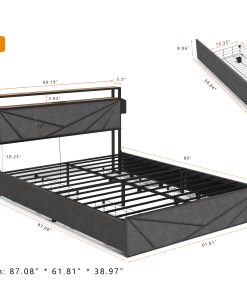 Queen Bed Frame with Storage Headboard, Charging Station