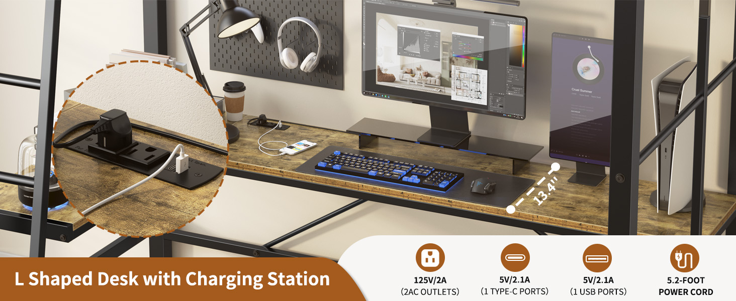 Twin Metal Loft Bed with L-Shaped Desk