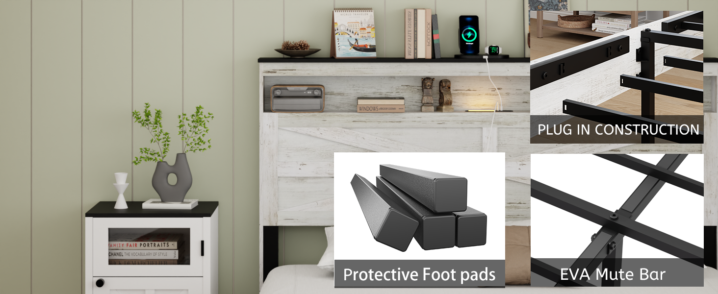 Queen Size Bed Frame Headboard With LED Lights And Charging Station