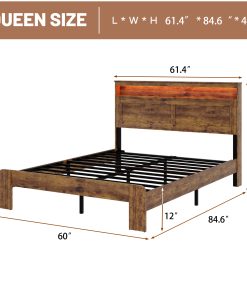 Queen Size Wood Platform Bed Frame With Storage LED Light Headboard