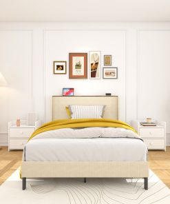 Metal Queen Size Platform Bed With Charging Station