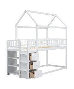 Twin over Twin House Bunk Bed With Shelves and Drawers