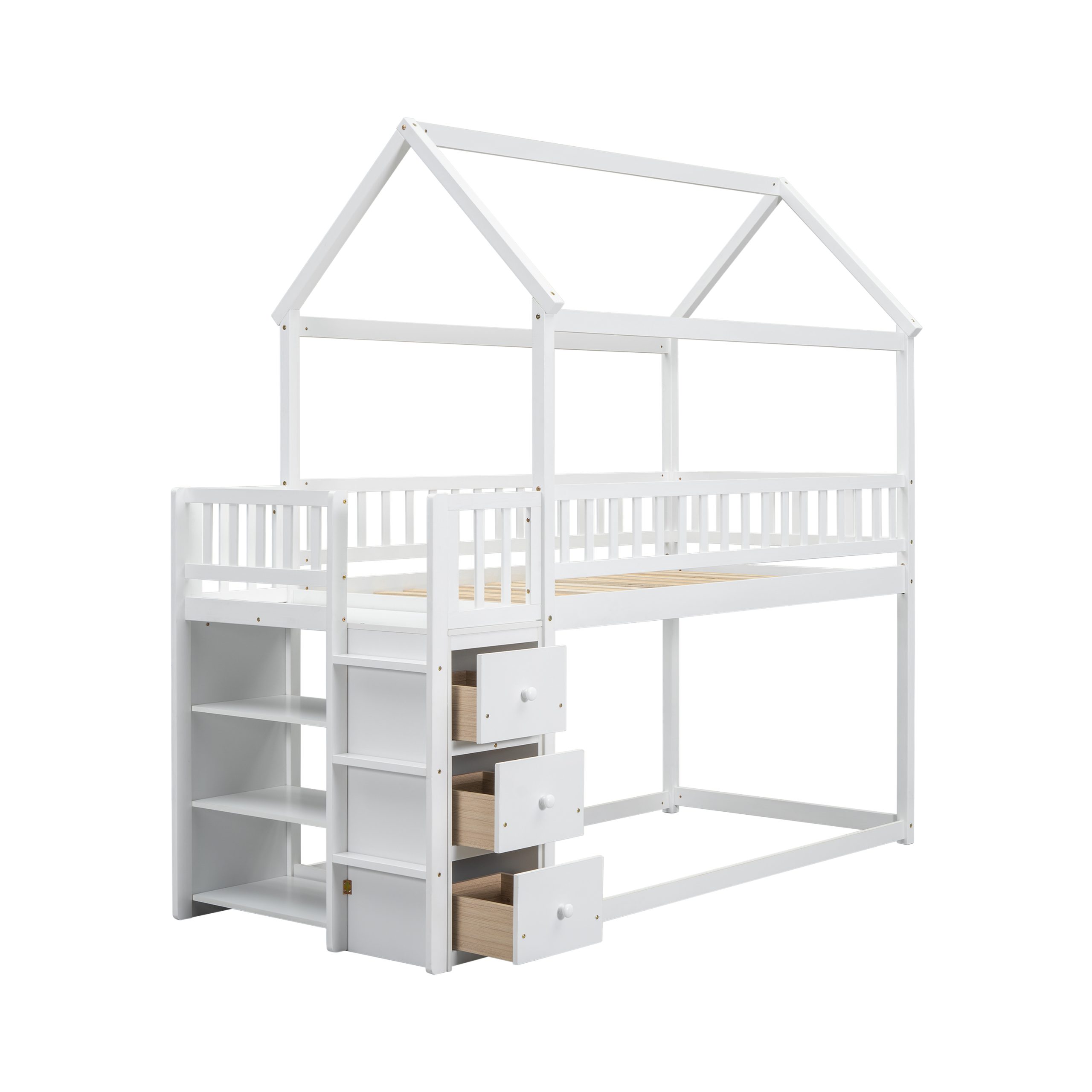 Twin over Twin House Bunk Bed With Shelves and Drawers