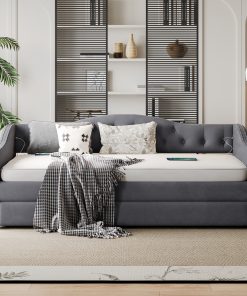 Twin Size Upholstered Daybed with Trundle and USB Charging