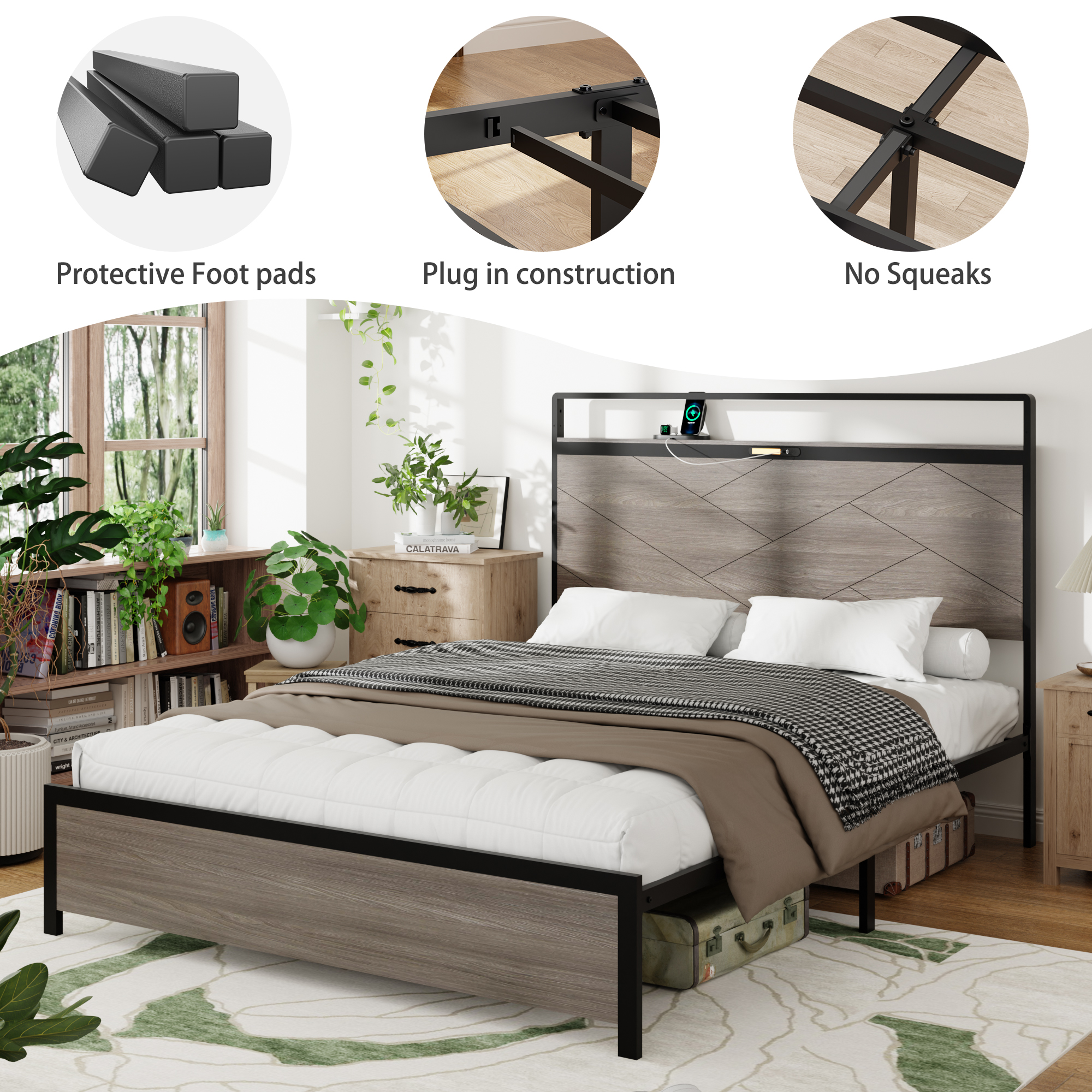 Wooden Platform Bed Frame With Storage LED Light Headboard And USB