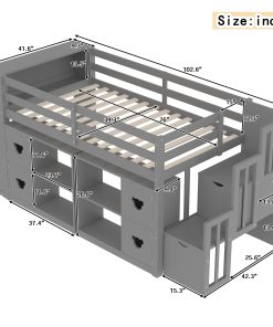 Twin Size Low Loft Bed With Shelves, Storage Headboard, and Stair
