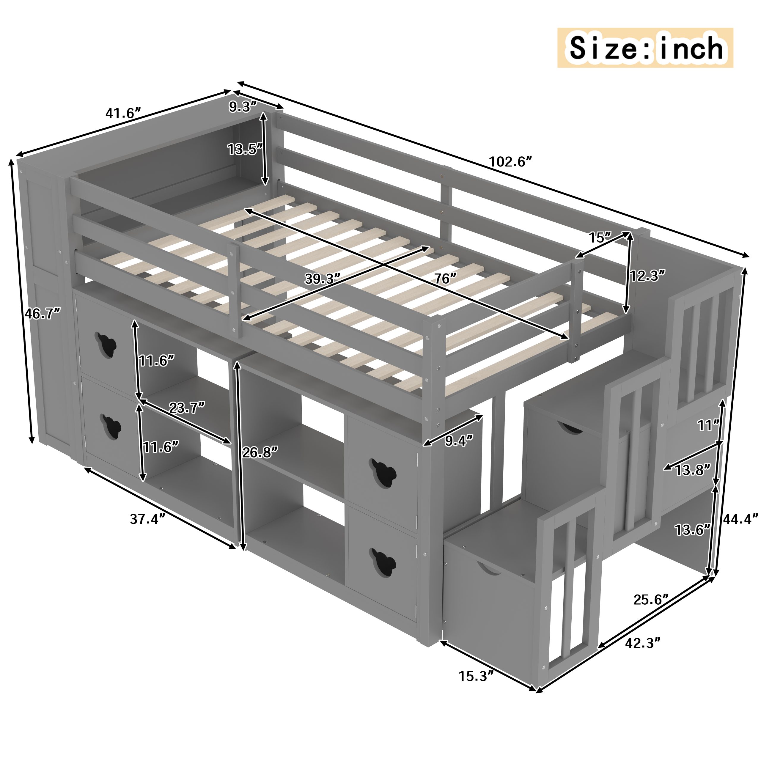 Twin Size Low Loft Bed With Shelves, Storage Headboard, and Stair
