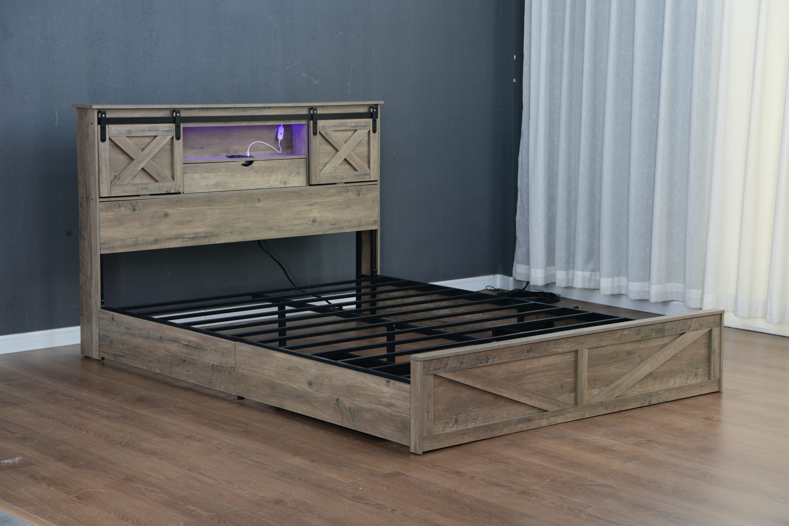 King Size Farmhouse Bed With LED Lights And Charging Station
