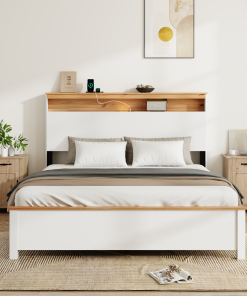 Queen Bed Stand With Charging Station All-Wood Bed Frame